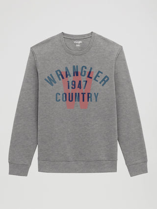 Wrangler Men’s gray Wrangler Country logo crewneck sweatshirt with long sleeves, ribbed cuffs, and western graphic design.