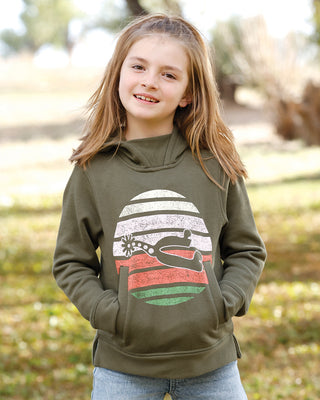 Cruel Girls youth olive green Western hoodie with distressed spur graphic and front kangaroo pocket