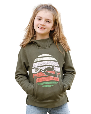 Cruel Girls youth olive green Western hoodie with distressed spur graphic, cutout on transparent background
