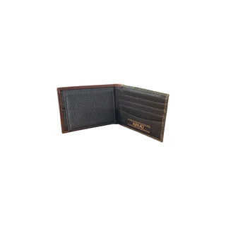 Ariat men's two-tone leather bifold wallet interior showing multiple card slots, cash compartment and Ariat branding
