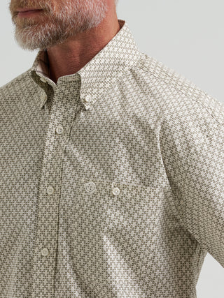 Wrangler George Strait Short Sleeve Tan Geo Print Western Shirt on model