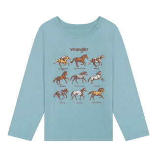 Wrangler Girls youth light blue long sleeve shirt with labeled horse breeds graphic on front