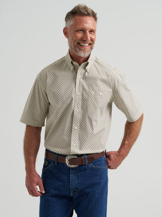 Wrangler George Strait Short Sleeve Tan Geo Print Western Shirt on model