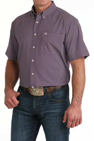 Cinch men’s purple geo print short sleeve Arena Flex western shirt with button down collar and chest pocket logo