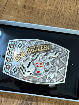 Nocona High Roller dice belt buckle, engraved rectangle with flames and turquoise stone accents