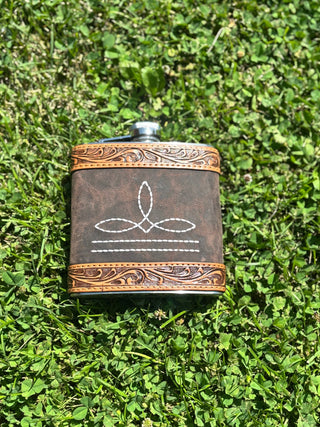 18oz Boot Stitch Tooled Flask - Cowboy Swagger18oz Boot Stitch Tooled Flask