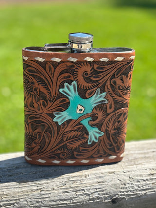 18oz Turquoise Cross Tooled Flask - Cowboy Swagger18oz Turquoise Cross Tooled Flask