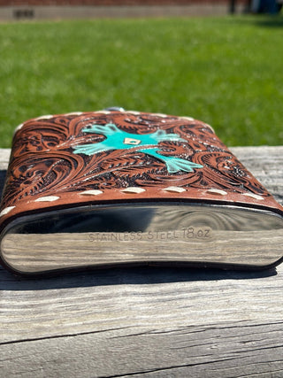 18oz Turquoise Cross Tooled Flask - Cowboy Swagger18oz Turquoise Cross Tooled Flask