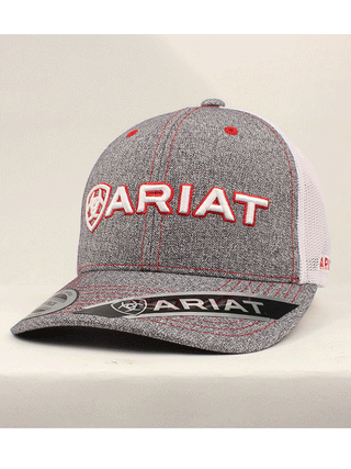 Ariat Men’s Grey Heather Cap with White Mesh Back and Red Shadow 3D Logo Embroidery – Snapback Style