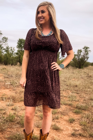 Sterling Kreek women’s bronzed floral western dress with flutter sleeves