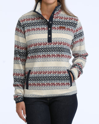 Cinch Women’s Navy and Maroon Stripe fleece pullover front view