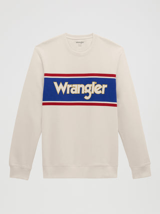 Wrangler Men’s Retro Logo Crewneck sweatshirt in white with blue and red stripe graphic, long sleeves, ribbed trim, and vintage Wrangler logo across chest.