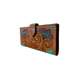 Ariat women’s paisley painted tooled leather wallet in turquoise red and brown