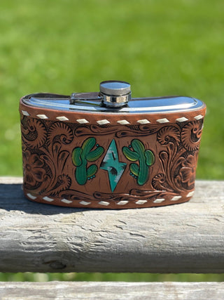 24oz Cactus Lightning Tooled Flask - Cowboy Swagger24oz Cactus Lightning Tooled Flask