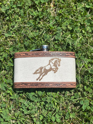 24oz Mustang Etched Hide Flask - Cowboy Swagger24oz Mustang Etched Hide Flask