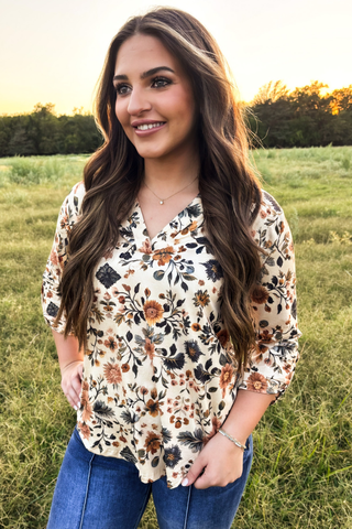 Sterling Kreek Fall Bloom cream floral Western top with rust and black flowers