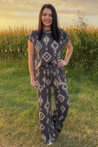 Sterling Kreek Frontier Charcoal Aztec Wide Leg Western Pants - Cowboy Swagger