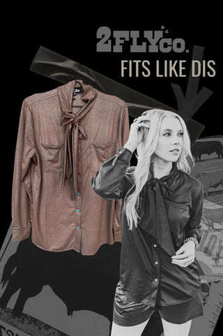 2Fly Swanky Leather Outlaw Top – Mocha Western Blouse with Twilly Bow Tie Neckline - Cowboy Swagger2Fly Swanky Leather Outlaw Top – Mocha Western Blouse with Twilly Bow Tie Neckline