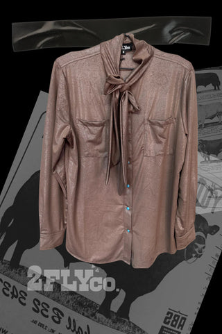 2Fly Swanky Leather Outlaw Top – Mocha Western Blouse with Twilly Bow Tie Neckline - Cowboy Swagger2Fly Swanky Leather Outlaw Top – Mocha Western Blouse with Twilly Bow Tie Neckline