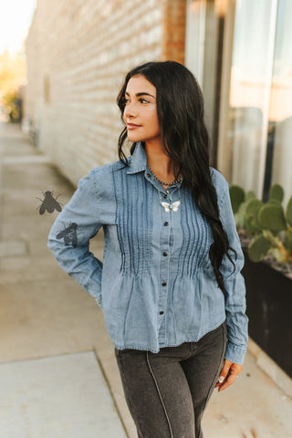 2Fly Women’s Call It Classic Denim Top – Western Pintuck Long Sleeve Button Down - Cowboy Swagger2Fly Women’s Call It Classic Denim Top – Western Pintuck Long Sleeve Button Down