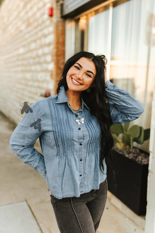 2Fly Women’s Call It Classic Denim Top – Western Pintuck Long Sleeve Button Down - Cowboy Swagger2Fly Women’s Call It Classic Denim Top – Western Pintuck Long Sleeve Button Down