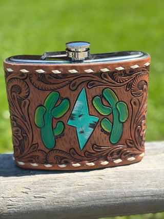 32oz Cactus Lightning Tooled Flask - Cowboy Swagger32oz Cactus Lightning Tooled Flask
