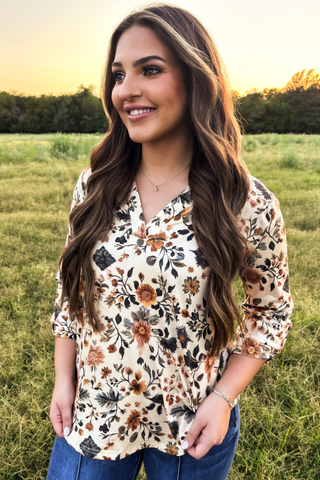 Sterling Kreek Women’s Fall Bloom V-neck floral top with 3/4 sleeves