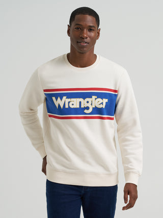 Wrangler Men’s Retro Logo Crewneck sweatshirt in white with blue and red stripe graphic, long sleeves, ribbed trim, and vintage Wrangler logo across chest.