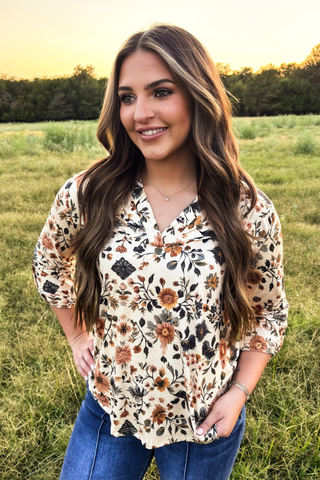 Sterling Kreek Women’s Fall Bloom 3/4 Sleeve floral top front view