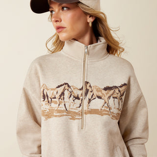 Ariat Women’s Running Wild half zip sweatshirt with western horse graphic in neutral brown and tan tones