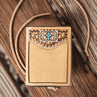 3D Men's Tri-Fold Wallet, Tan Leather with Basket Weave and Turquoise Cross Concho, concho detail
