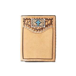 3D Men's Tri-Fold Wallet, Tan Leather with Basket Weave and Turquoise Cross Concho, interior view
