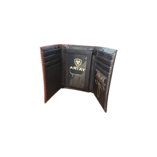 Angled view of Ariat men's leather trifold wallet showing two-tone brown leather, textured exterior and contrast stitching