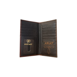 Ariat men's brown leather rodeo wallet open interior showing multiple credit card slots, ID window and Ariat branding