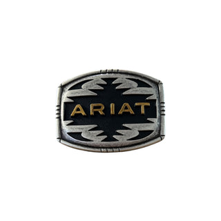 Ariat black Southwest belt buckle with antique silver border and raised gold Ariat logo