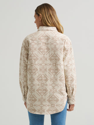     Close-up of Wrangler Women’s Cream Aztec Snap Shacket chest pocket and snap details