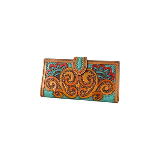 Ariat women’s paisley painted tooled leather wallet in turquoise red and brown