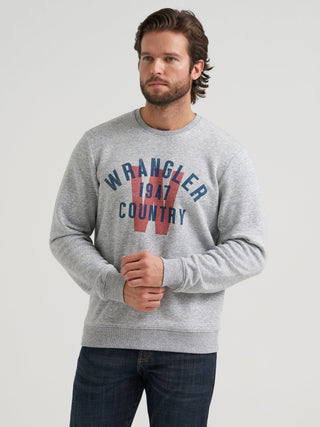 Wrangler Men’s gray Wrangler Country logo crewneck sweatshirt with long sleeves, ribbed cuffs, and western graphic design.