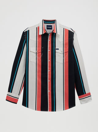 Wrangler Retro Men’s Long Sleeve Brushpopper Snap Shirt – Orange & Teal