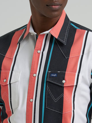 Wrangler Retro Men’s Long Sleeve Brushpopper Snap Shirt – Orange & Teal