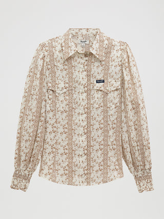 Wrangler women’s white floral Western snap blouse with smocked sleeves and pearl snap front