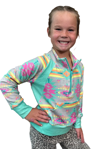 Sterling Kreek youth girls Mini Aztec Daydream quarter zip western pullover with turquoise panels and colorful Aztec print