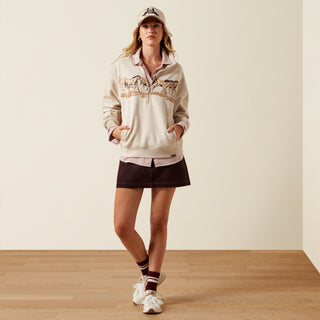 Ariat Women’s Running Wild half zip sweatshirt with western horse graphic in neutral brown and tan tones
