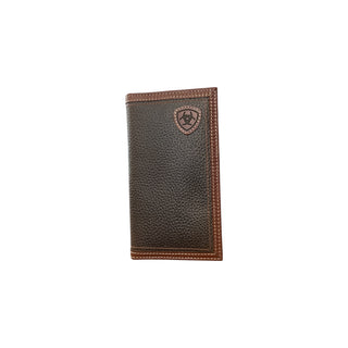 Ariat men's two-tone brown leather rodeo wallet with pebbled leather panel, shield logo patch and contrast stitching