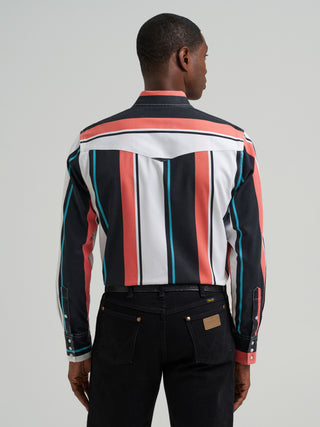 Wrangler Retro Men’s Long Sleeve Brushpopper Snap Shirt – Orange & Teal