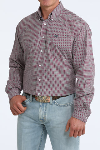 Cinch men’s long sleeve purple geometric print stretch western shirt with button-down collar and chest pocket logo.