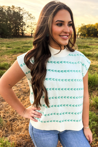 Sterling Kreek women’s ivory knit sweater top with turquoise western trail pattern