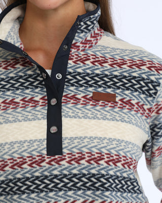 Close-up of Cinch Women’s Navy and Maroon Stripe fleece pullover