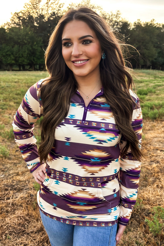 Sterling Kreek Dusty Violet women’s purple Western print quarter zip pullover