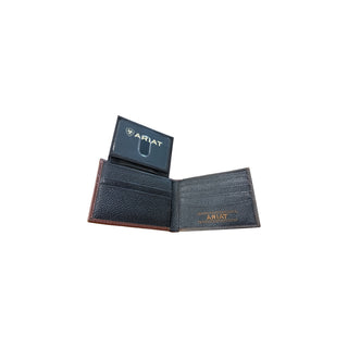 Ariat men's removable passcase bifold wallet open showing credit card slots, removable ID insert and black leather interior